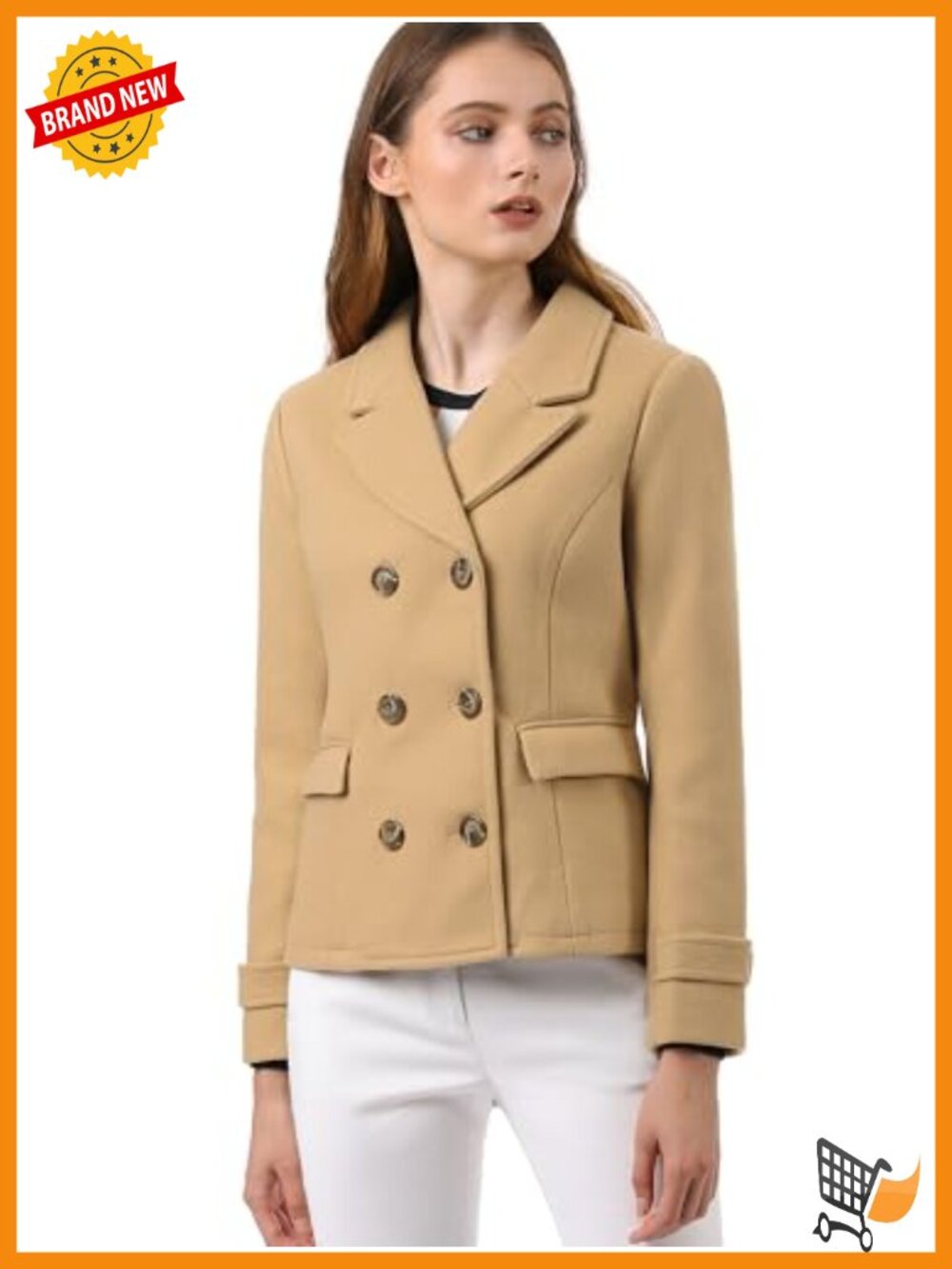 Elegant Notch Lapel Double Breasted Short Pea Coat Long Sleeve Lined